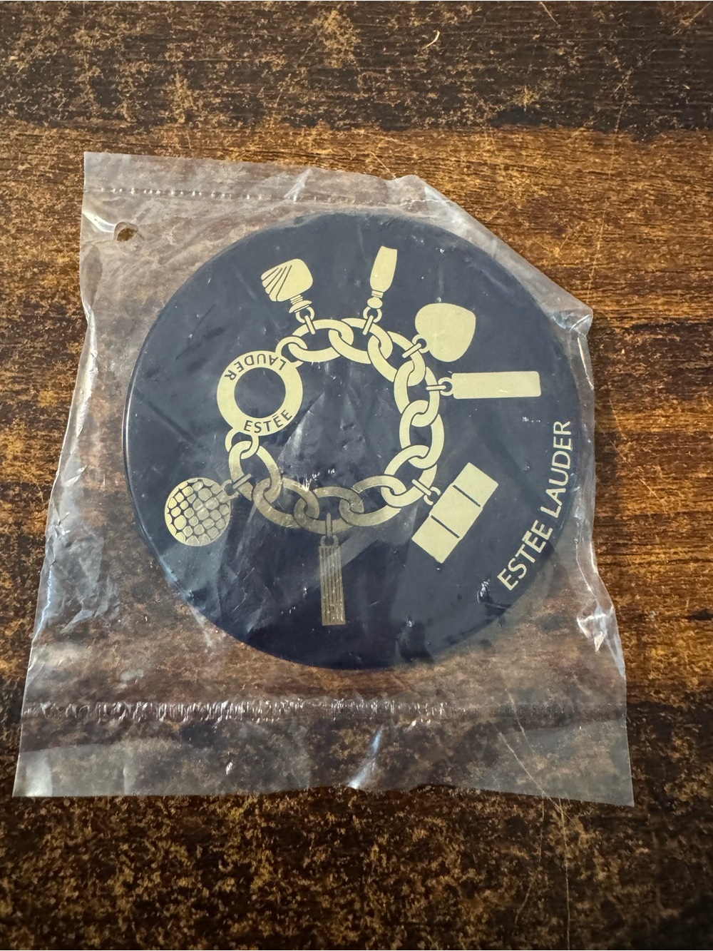 NIP Estee Lauder Round Navy Blue Sliding Travel Compact Mirror Gold Charm Bracel
